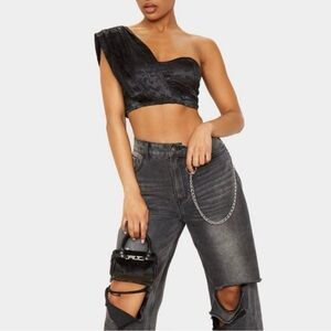 Pretty Little Thing Black Satin One -Shoulder Bandeau Crop Top
